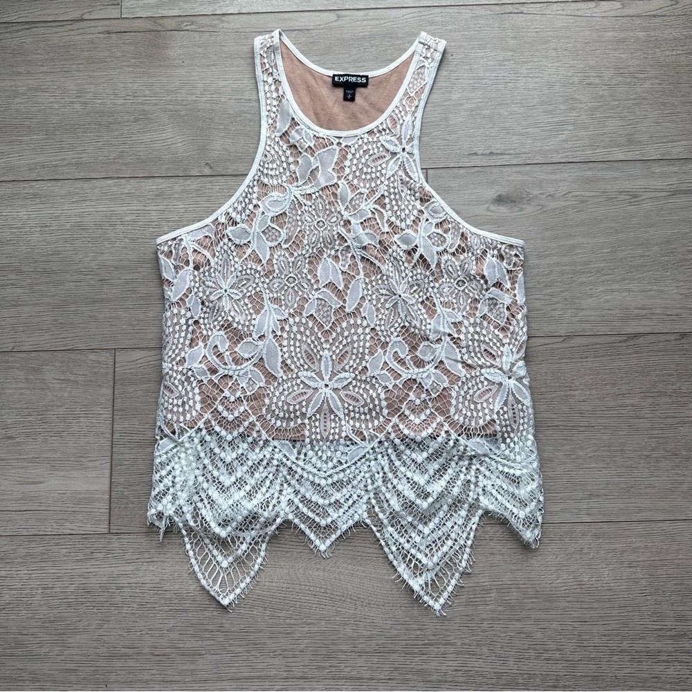 Express Ivory Lace Tank Top Small Nude Lined‎ Scalloped Hem Boho